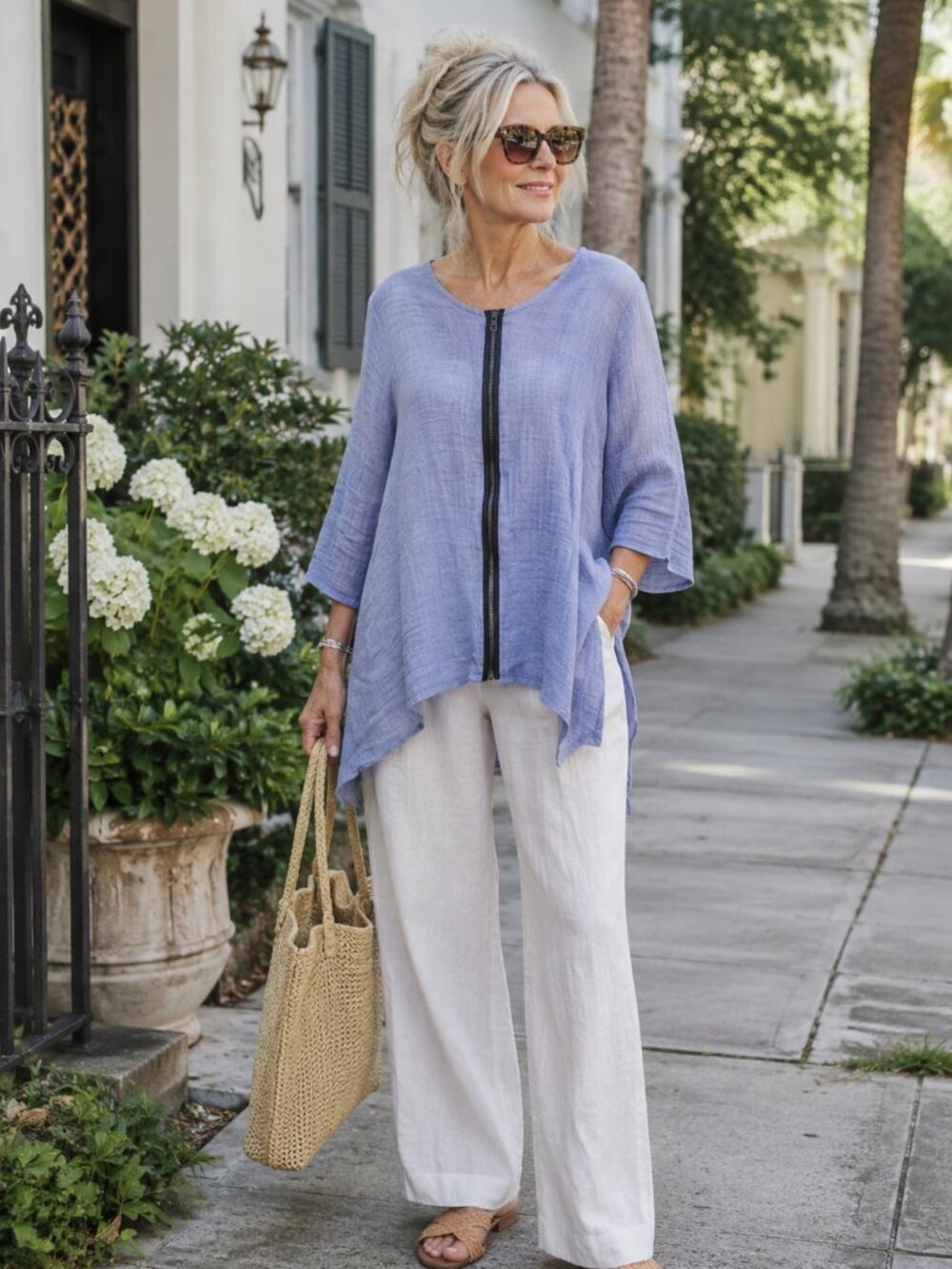 Comfy usa blue cotton zipper lagenlook asymmetrical tunic